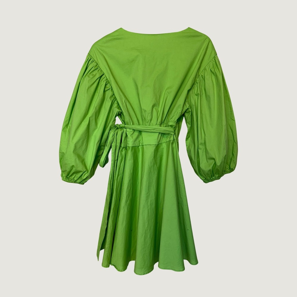 Showpo Lime Green Puff Sleeve Wrap Mini Dress Size 12 V-Neck Cotton Blend - Picture 2 of 7